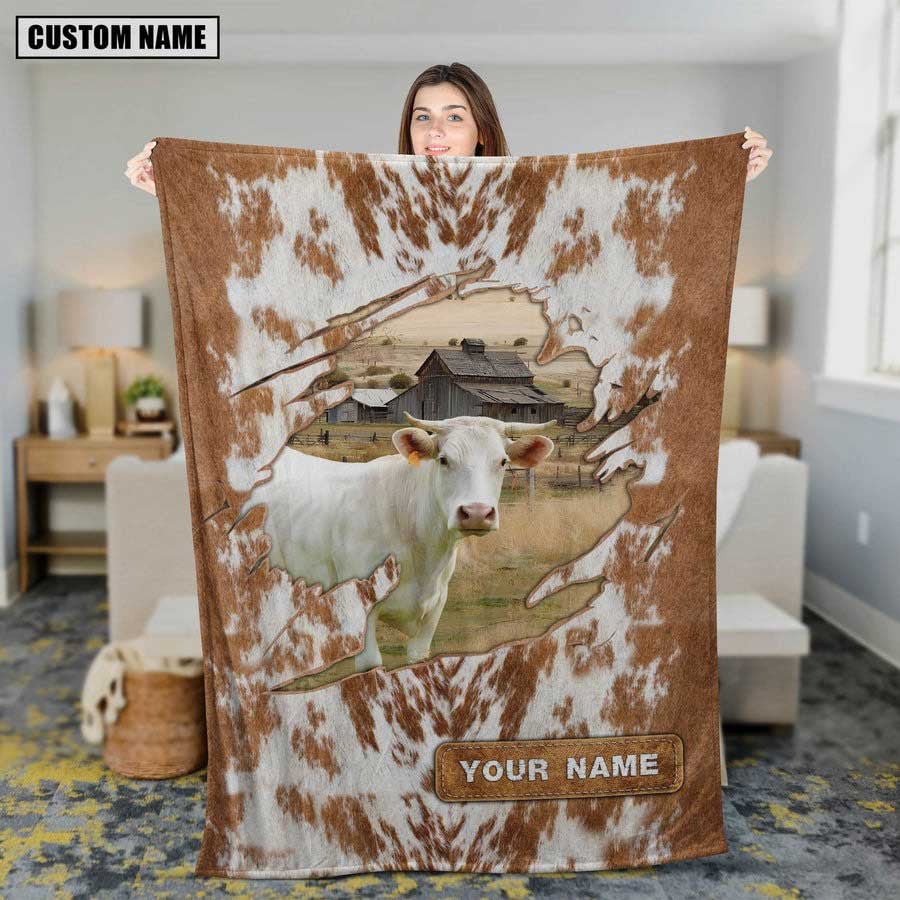 Customized Charolais No Horn Cow Leather Pattern Blanket for Men, Women, Cow Fleece Blanket for Dad, Mom, Farmers, Cow Lovers