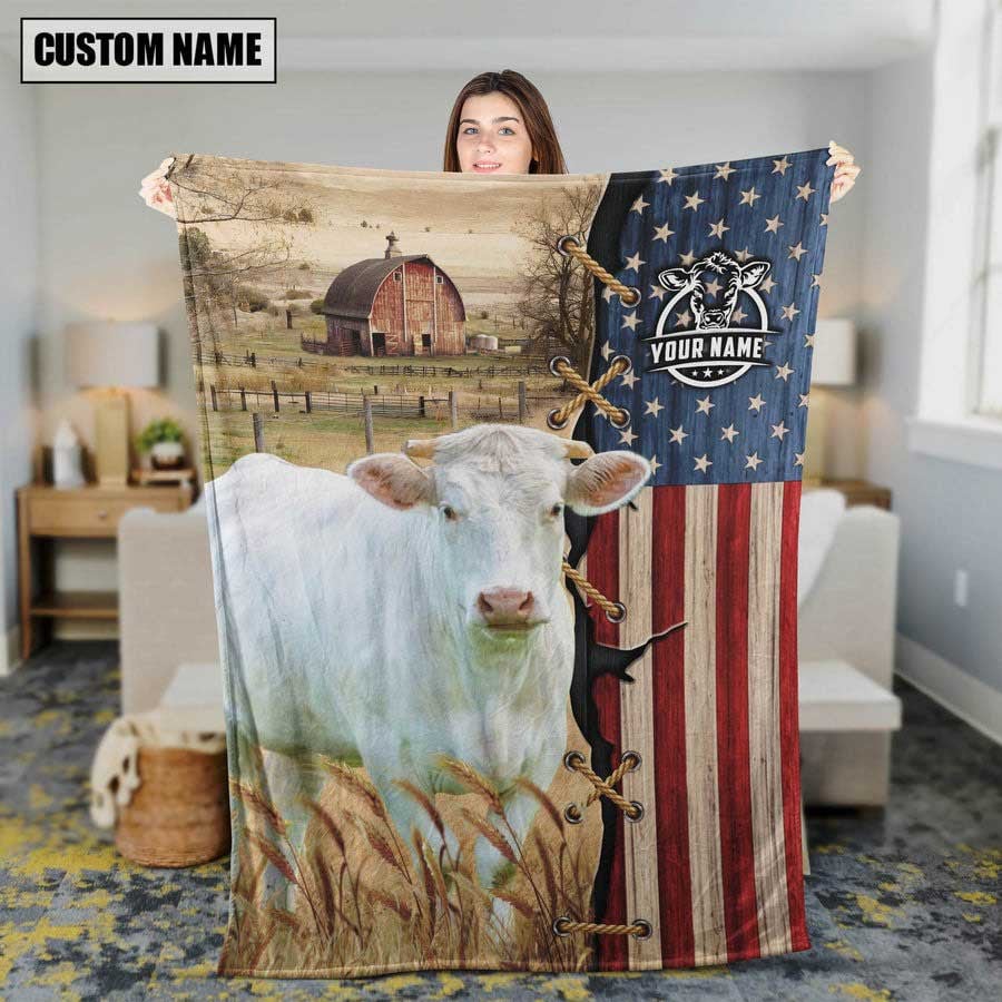 Dilypod Customized Charolais Barn Farmhouse Blanket Fleece and Sherpa Blanket