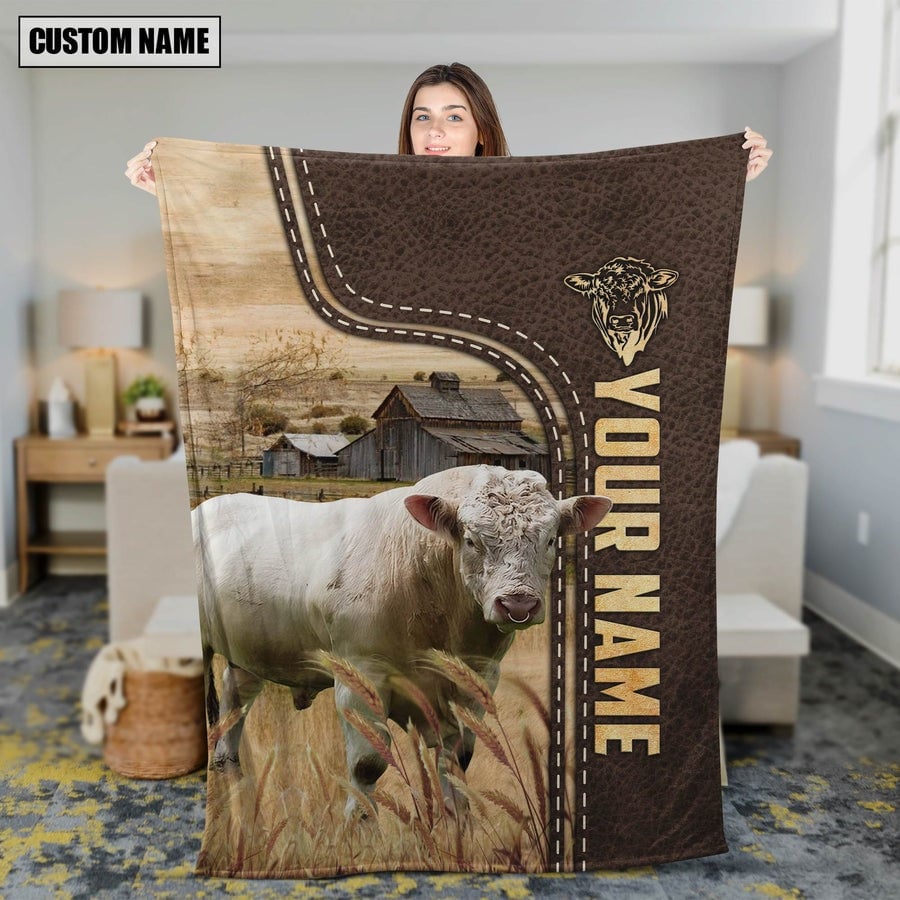 Personalized Charolais Cattle In Field Farmhouse Blanket, Farmhouse Fleece Blanket for Charolais Cattle Lovers