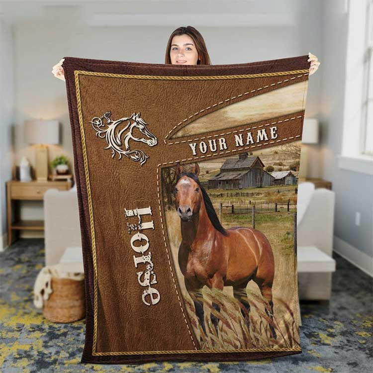 Personalized Horse Leather Pattern Blanket for Men, Women, Custom Name Horse Fleece Blanket, Gift for Dad, Farmers