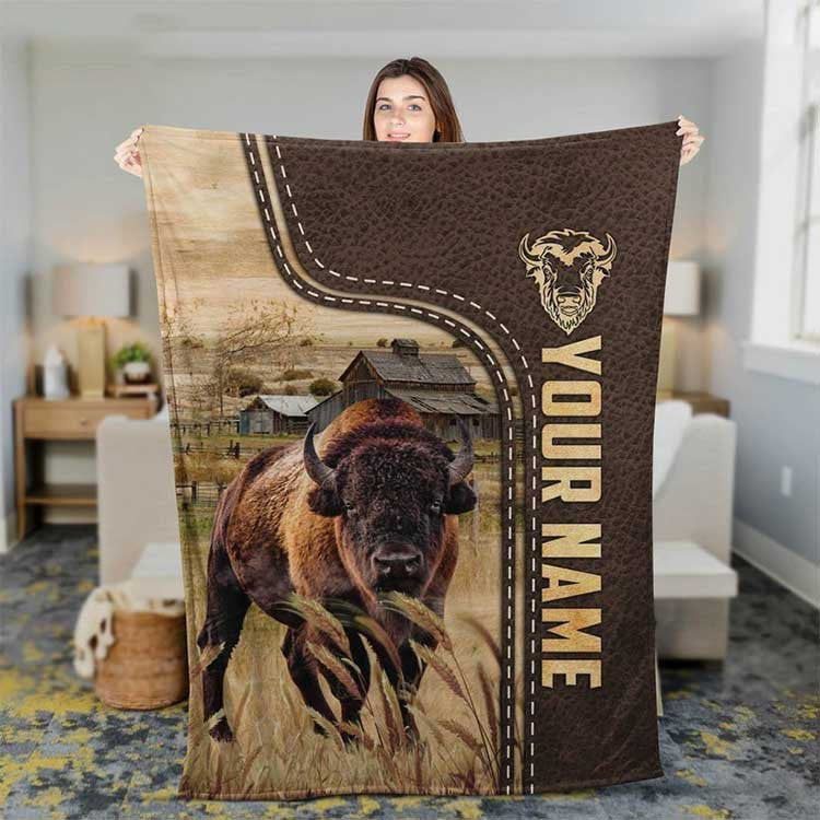 Dilypod Personalized Bison Leather Fleece Blanket, Bison Sherpa Blanket for Farmers, Men, Women